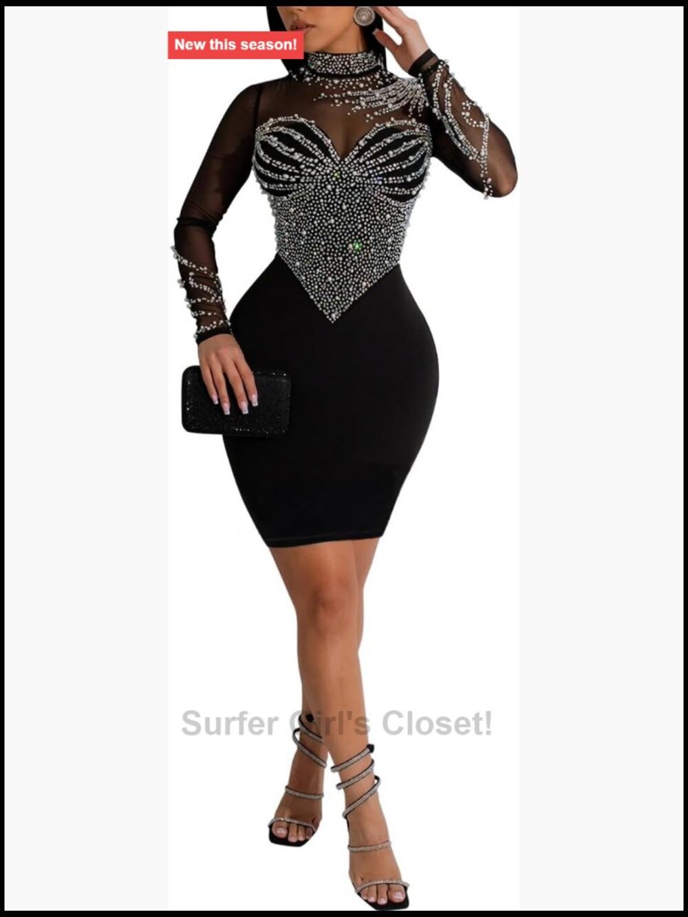 Rhinestone Crystal Mesh Patchwork Sheer Bodycon Dress Long Sleeve Clubwear Mini